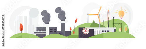 Contrast between coal power plant emitting dark smoke and sustainable clean energy factory with wind turbines and solar panels on green hills in flat minimalist style vector illustration