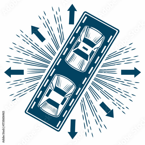 Graphic illustration of two cars moving in opposite directions on road  