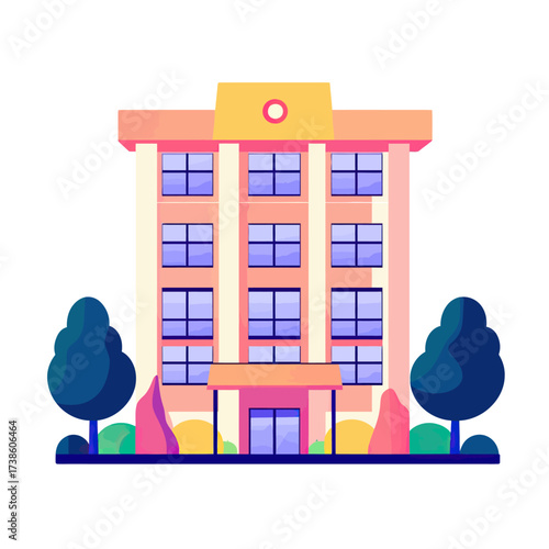 Flat minimalist vector illustration of modern hotel building exterior facade with multiple windows, entrance canopy, and surrounding trees and bushes in bright colors
