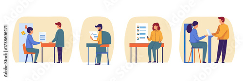 Human resources recruitment process with diverse candidates in job interview settings flat minimalist vector illustration of business people applying for work positions and evaluation