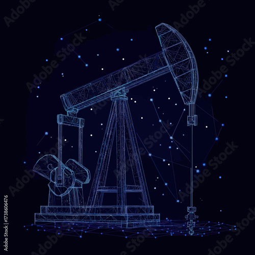 Digital wireframe oil pump jack with polygonal lines and dots on dark blue background representing petroleum industry machinery concept