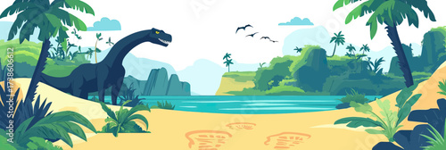 Prehistoric riverbank with large dinosaur footprints and long neck dinosaur near tropical plants and blue water landscape in flat minimalist vector style