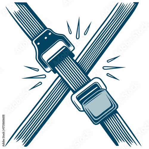 Illustration of crossed seat belts with buckle in blue design  
