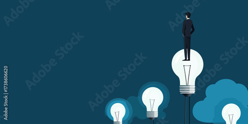 Business man standing on large light bulbs representing innovative ideas and creative thinking concept with dark blue background vector