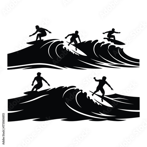 Dynamic silhouettes of surfers riding waves capturing the thrill of ocean sport and adventure silhouette