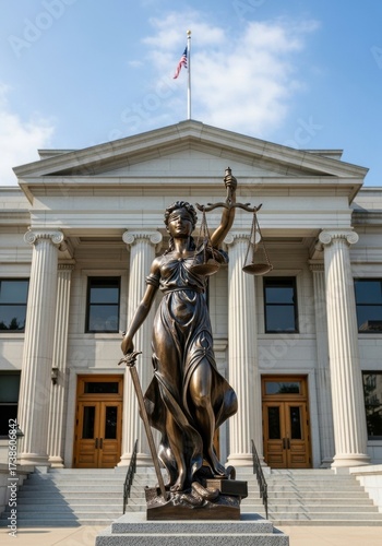 Lady Justice bronze statute with blindfold, sword, and scales in front of classical courthouse with American flag, representing law and fairness.