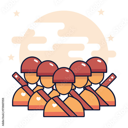 Group of cartoon soldiers standing together in protective posture  