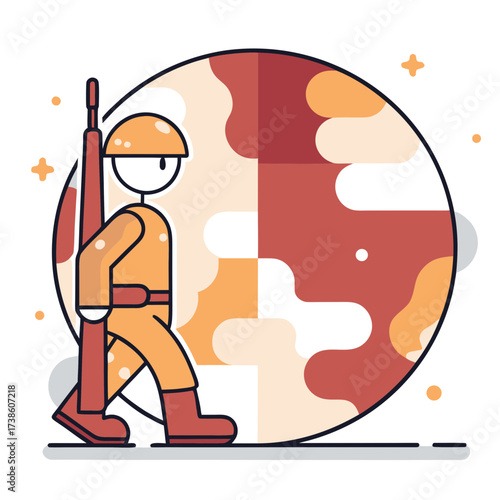 Cartoon soldier walking with rifle in abstract camouflage background  