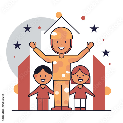 Happy family with firefighter celebrating home safety outdoors  