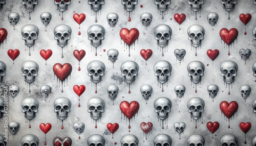 Gothic art background with a repeating pattern of skulls and bloody hearts. An edgy, tattoo-style illustration for Halloween or alternative themes.