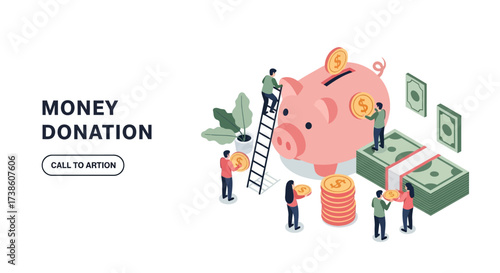 Illustrative visual representation of people contributing to a piggy bank and stacks of money symbolizing the act of money donation and financial contributions towards a cause