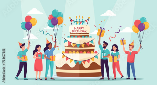 A Group Of People Celebrating A Birthday With A Large Cake And Balloons