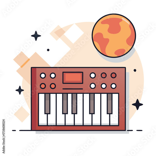 Keyboard synth with planet illustration in modern vector style  