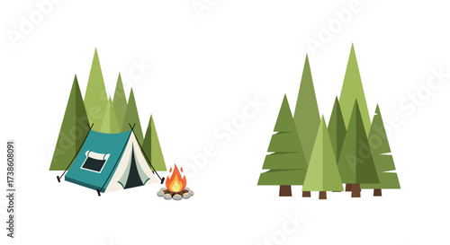 Illustration of Camping Scene with Tent and Campfire Beside a Group of Pine Trees and a Separate Forest Illustration
