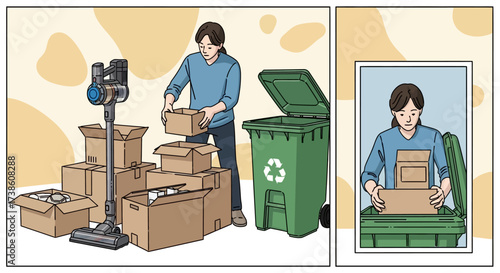 Person organizing cardboard boxes and preparing them for recycling near a green waste bin with a vacuum cleaner nearby the person is carefully placing items into the boxes