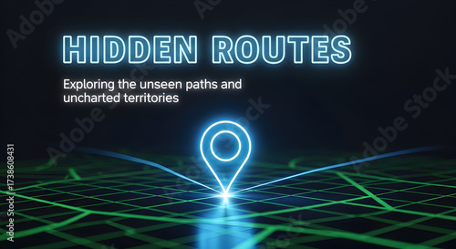 A glowing blue map marker on a digital grid representing hidden routes and uncharted territories.