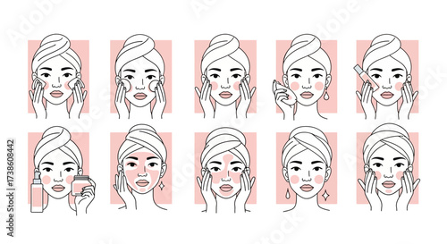 Illustrations depicting a skincare routine with women applying various beauty products to their faces