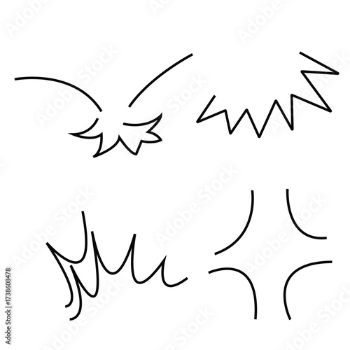 Line speed cartoon effect, boom explosive motion line element set. Comic boom burst, explosive smoke, line speed cartoon vector icon. Hand drawn sketch doodle action effect. Vector illustration