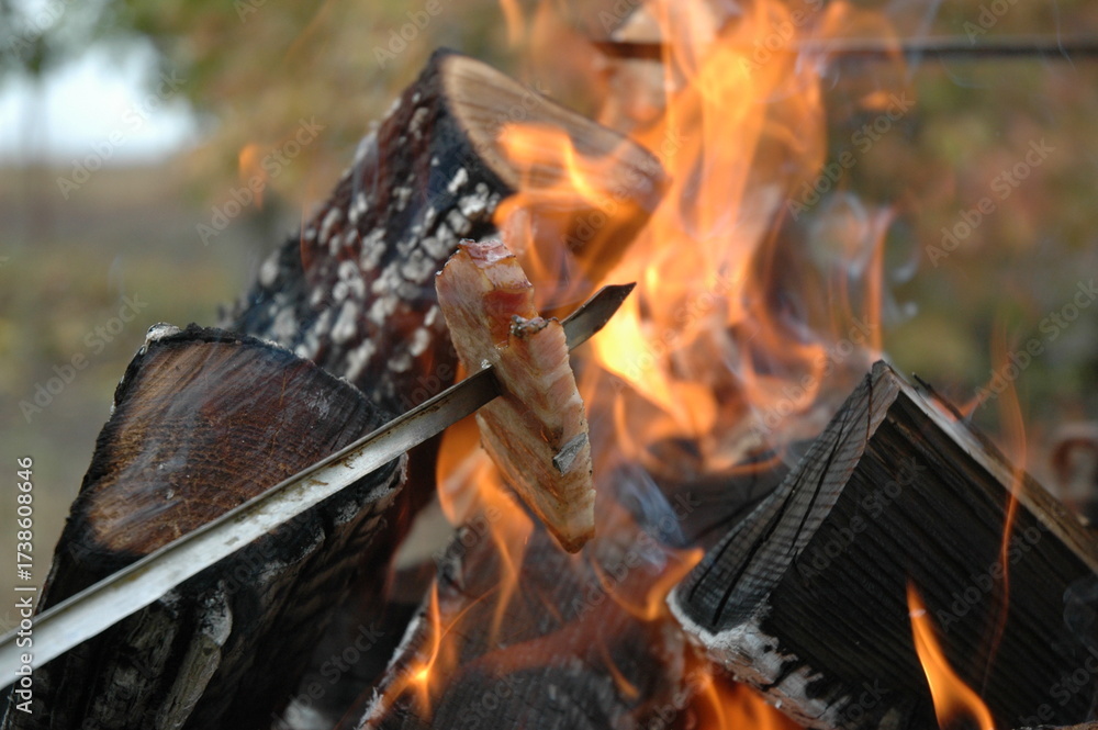 Fototapeta premium bacon frying on stick over fire