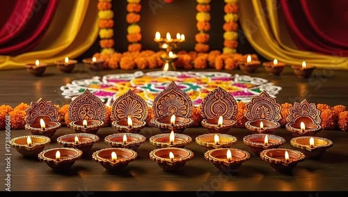 Warmly Lit Clay Lamps and Floral Garlands in Festive Arrangement on Wooden Surface