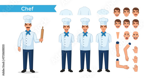 An Illustrated Character Design Sheet Featuring a Male Chef in Various Poses and Attire with a Collection of Facial Expressions and Body Part Options for Animation and Graphic Design Purposes