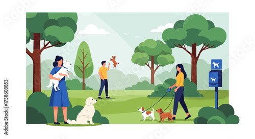 A Vibrant Park Scene with People and Their Beloved Canine Companions Enjoying Outdoor Activities and Fresh Air