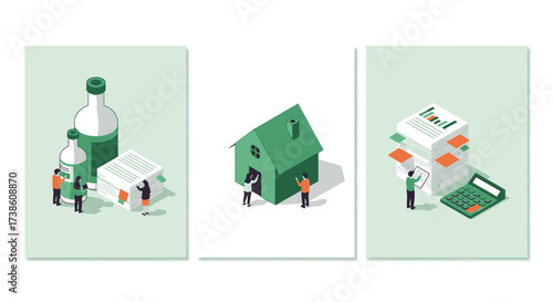 Illustrations of Personal Finance and Home Ownership Concepts Showing Financial Management and Decision Making