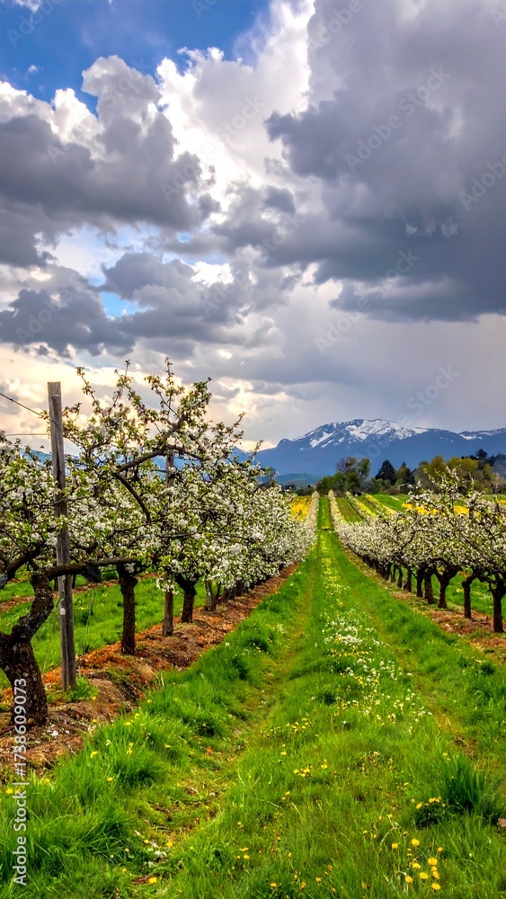 Fototapeta premium Vertical view of a lush green path through blooming orchard and distant mountains