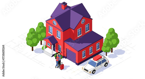 Illustration of a person with luggage standing next to a house and a car showing a scene of travel or moving out