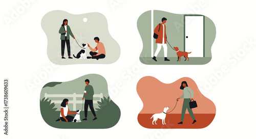 Diverse People Enjoying Daily Activities with Their Beloved Canine Companions Outdoors and Indoors