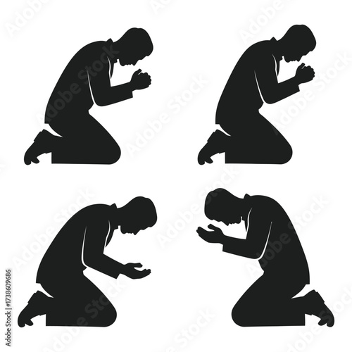 Four silhouettes of men kneeling in prayer diverse poses demonstrating faith and spirituality silhouette