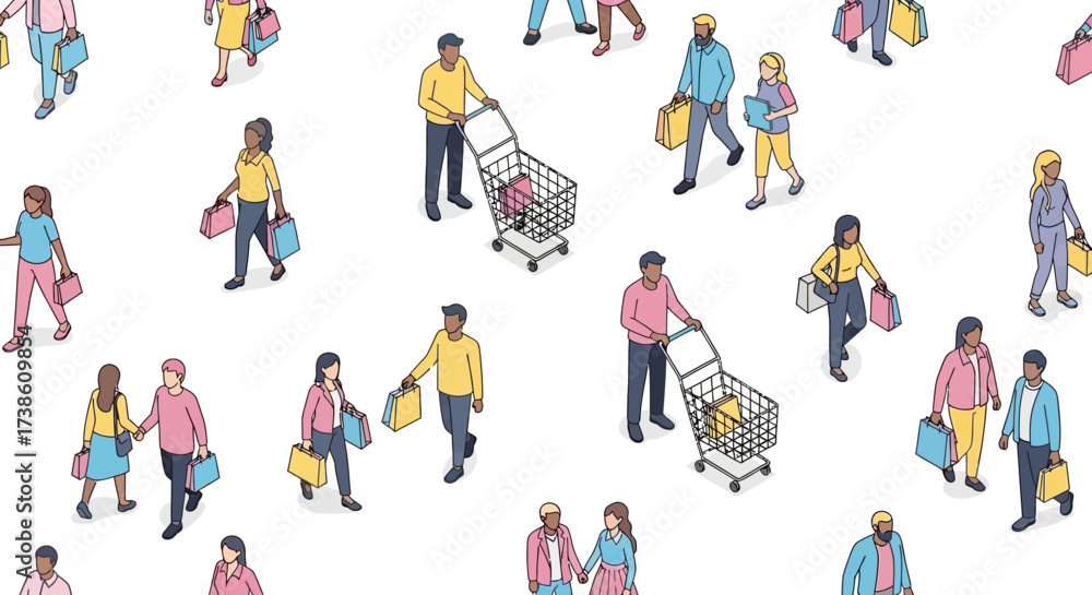 Fototapeta premium Diverse group of people engaged in casual shopping activities on a bright white background illustrating community commerce and everyday consumerism