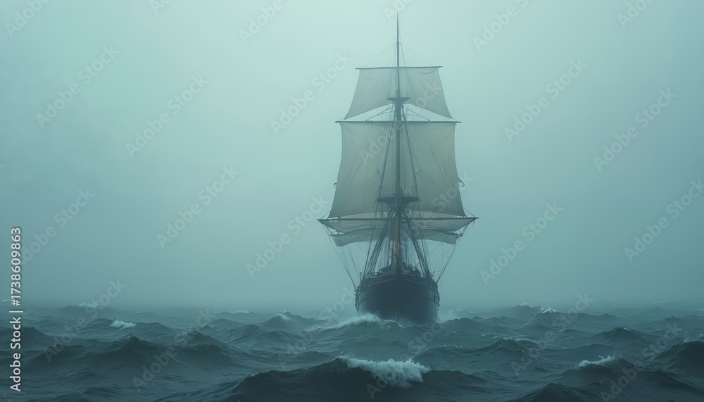 Fototapeta premium Sailboat navigating through rough sea in mist. Wooden ship sails toward camera in fog. Nautical vessel travels in storm. Vintage marine adventure voyage through ocean.