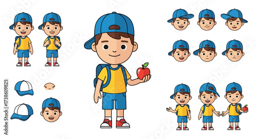 Cute cartoon boy in a cap with a backpack holding an apple ready for school or learning adventures