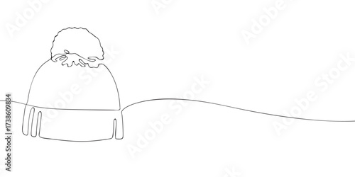 Minimalist line art illustration of a winter beanie hat with pompom. Simple outline drawing for clothing, fashion, accessories, winter apparel, and seasonal design projects.