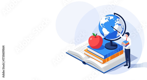 A teacher stands near a stack of books and a globe pointing at the world representing knowledge and education