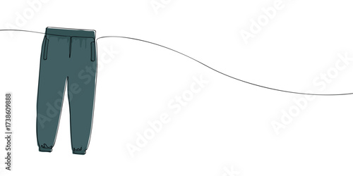 Continuous line drawing of dark teal sweatpants with pockets and elastic cuffs. Minimal vector outline illustration of casual clothing, sportswear, loungewear, or design template.
