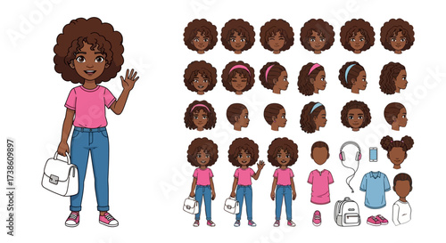 A Young Girl's Character Design Sheet Featuring Various Emotions and Outfits for Animation