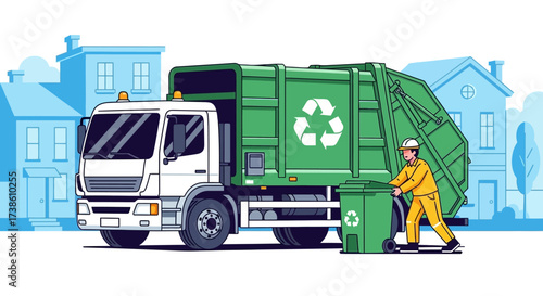 A sanitation worker in a yellow uniform pushes a green recycling bin towards a large green garbage truck with a recycling symbol parked on a street with houses