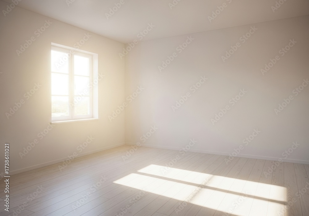 Fototapeta premium Minimalist empty room with bright window light casting shadows on white wood floor, concept of new beginning and home interior design space