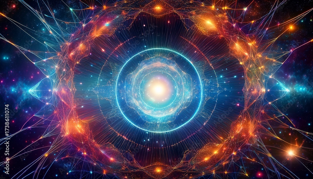 Obraz premium celestial space scape with ai inspired text and expanding neural constellations