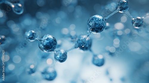 Close-up molecular structure in a blurry blue lab background, highlighting science concepts