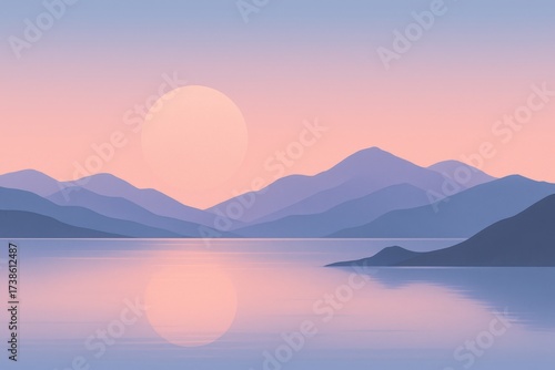 Minimalist pastel landscape with mountains, lake and sunset reflection, serene nature scenery in soft gradient tones, calm and dreamy background. Illustration by Generative AI