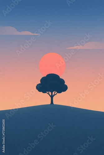 Minimalist pastel landscape with single tree on hill at sunset, dreamy serene nature scenery in soft gradient tones, calm background illustration. Illustration by Generative AI