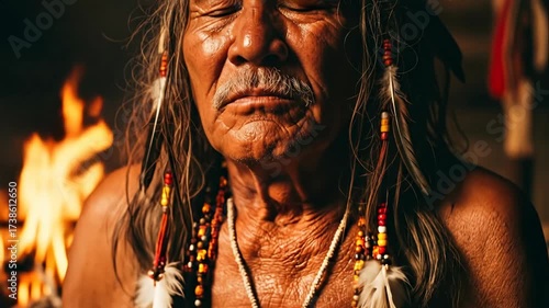 Native american old man with closed eyes wearing traditional headdress against fire background as spiritual wisdom concept footage.