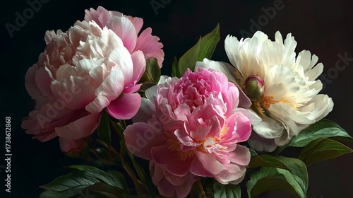 Close-up of lush, pink and white peonies with green foliage against a dark background