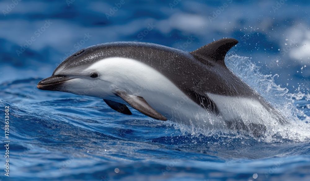 Fototapeta premium A dolphin gracefully leaps from ocean waves, showcasing its unique black and white coloration