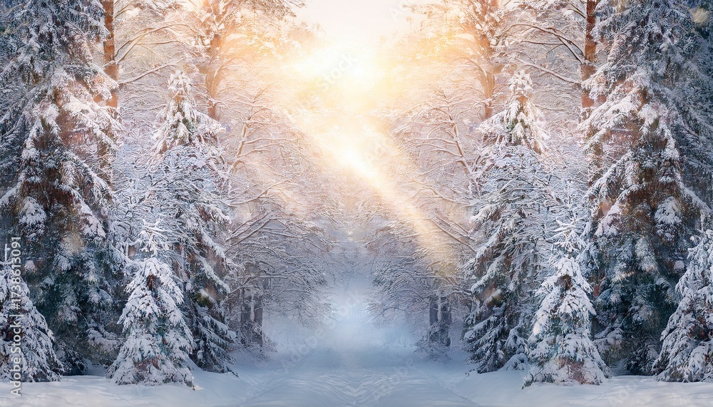 Naklejka premium a painting of a snowy forest with trees covered in snow and light shining through the branches softly