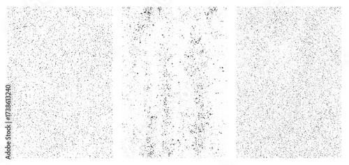 Black grunge stipple noise texture set. Grainy dot overlay effect for distressed visual enhancement. Abstract halftone vector for retro design.