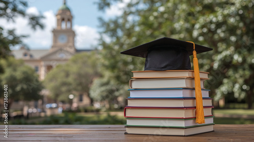 Graduation day in college, graduate cap on a pile of books with the university backdrop view